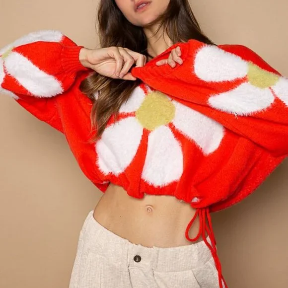 POL Red V-Neck Sweater with Floral Design - Picture 2 of 5